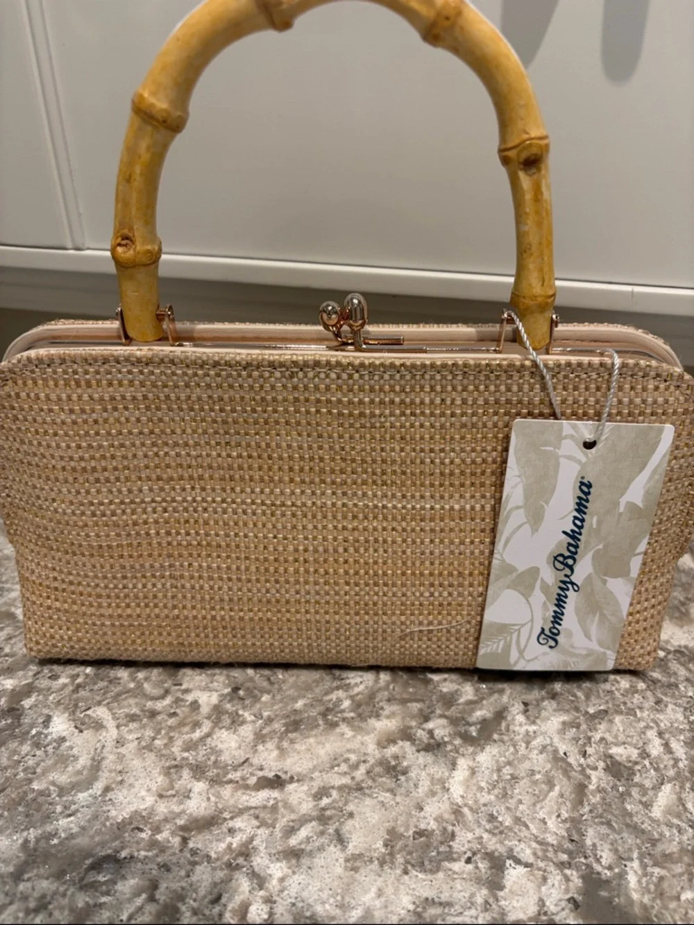 NWT Tommy Bahama Beige Woven Clutch with Bamboo Handle and gold crossbody chain